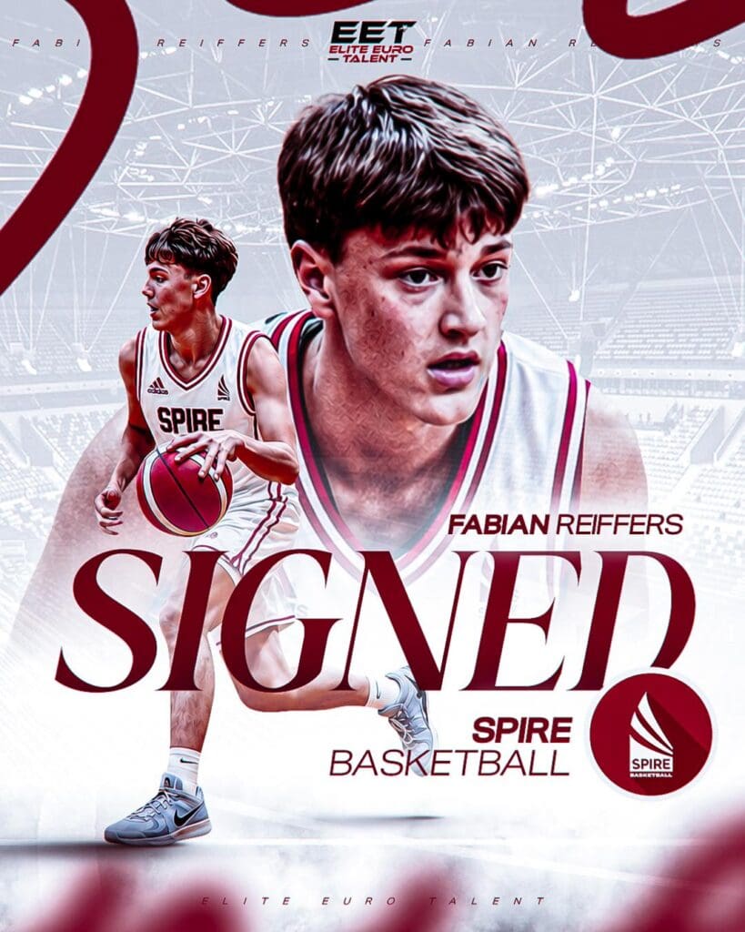 Illustrert plakat av Fabian Reiffers med «SIGNED»-tekst for sosiale medier til Spire Academy og Elite Euro Talent.